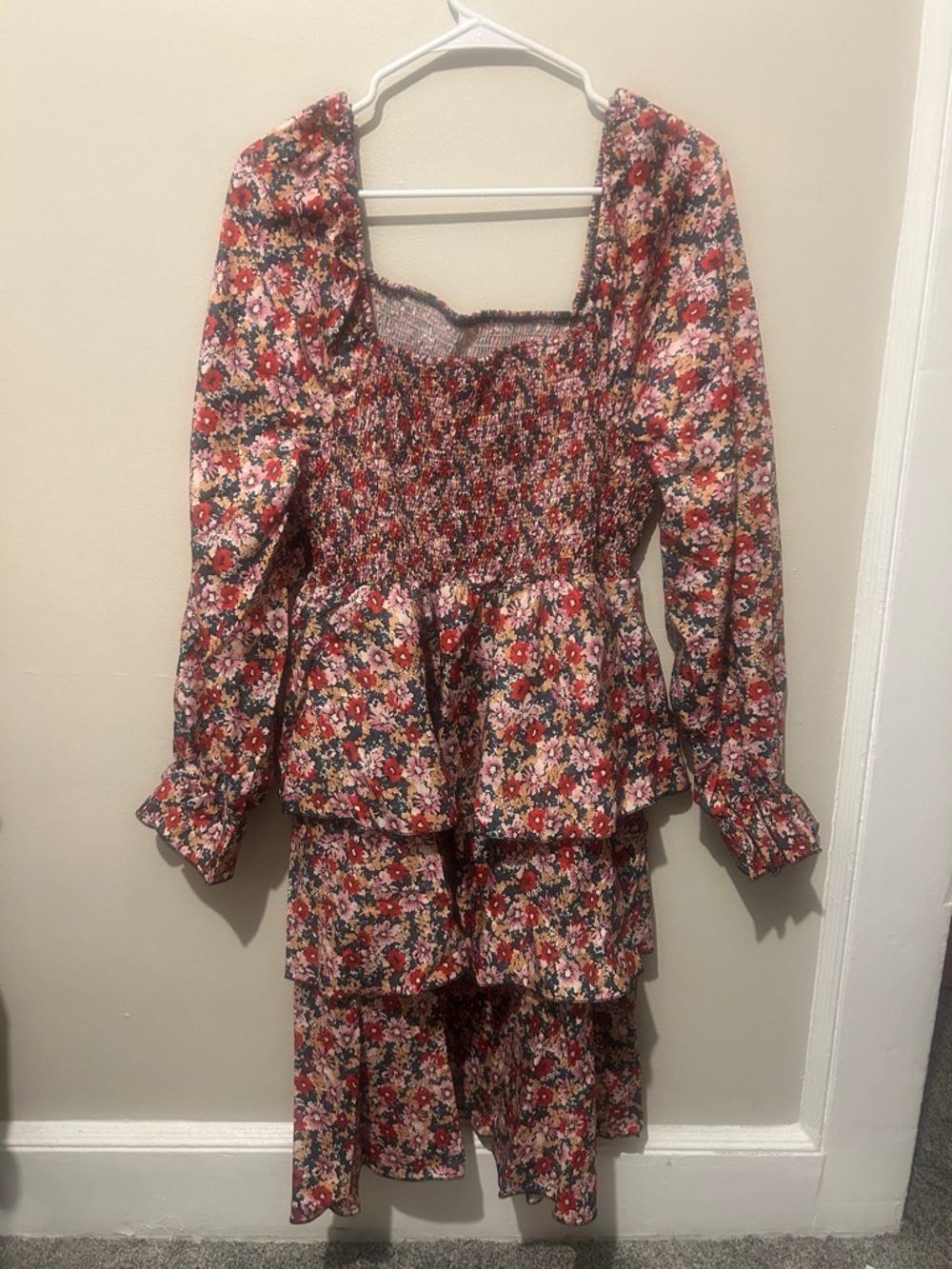 SHEIN Red Floral Smocked Tiered Maxi Dress